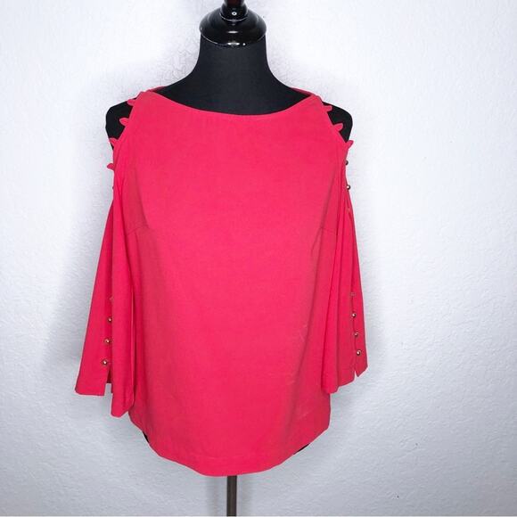 Trina Turk coral pink orange cold shoulder gold button sleeve top size Small - Picture 1 of 14